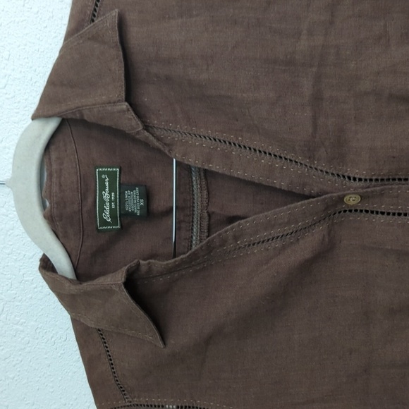 Eddie Bayer 100% Linen Botton Down V-Neck Top Brown Women's XS Lagenlook - Picture 3 of 14